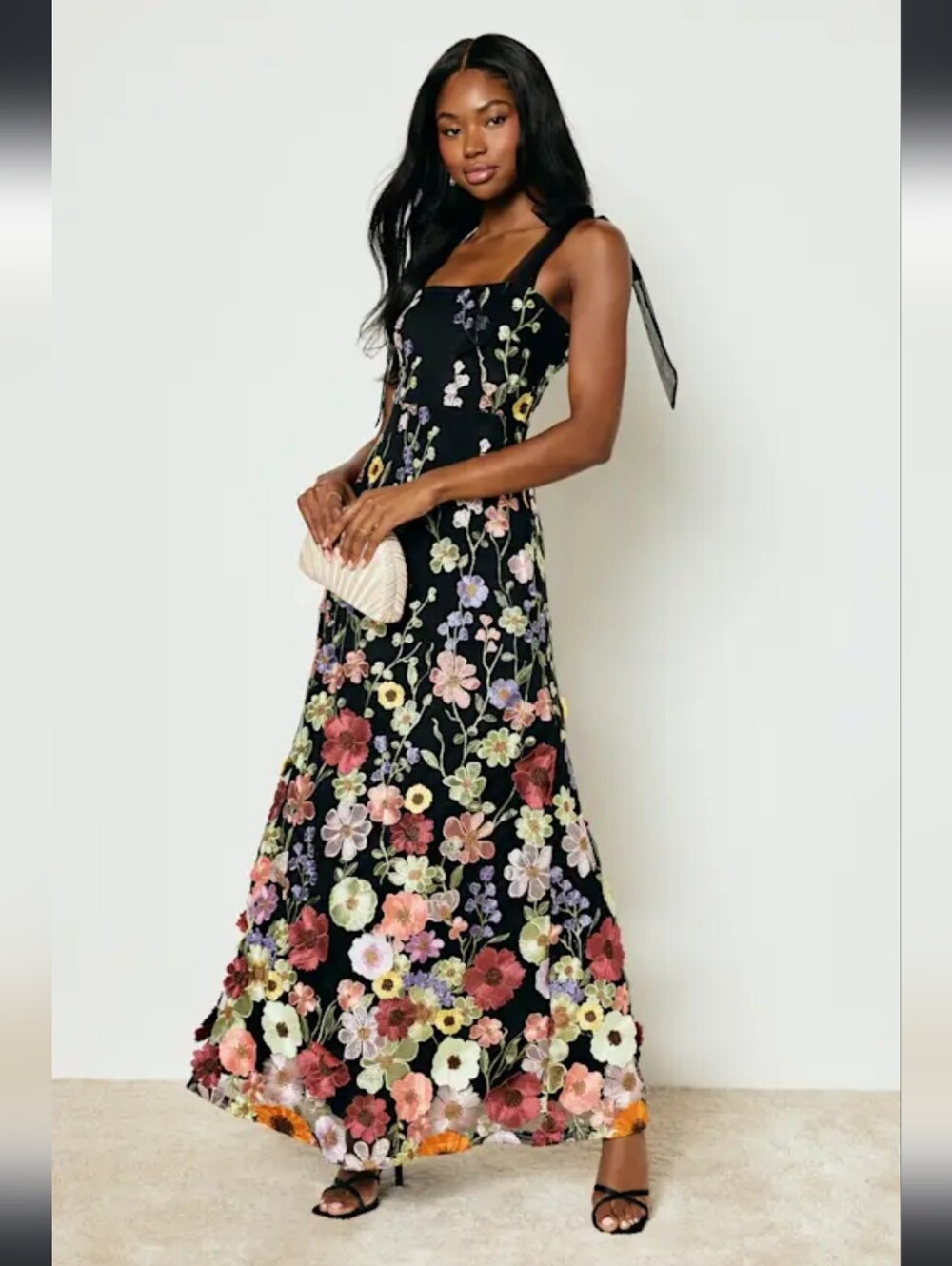 Lulus Thriving Poise Black 3D Floral Embroidered Tie-Strap Maxi Dress